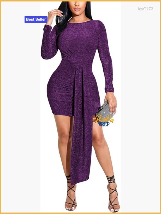 Dresses & Skirts - Sexy Sparkly Bodycon Wrap Mini Dress - Club Night Out Long Sleeve Ruched